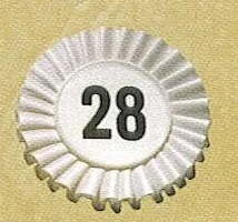 White pleated rosette with the number 28 printed in the center