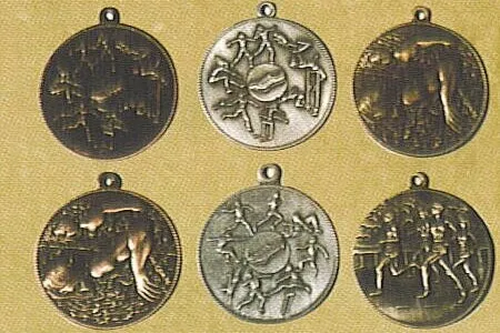 Six bronze and silver high-relief sports medals