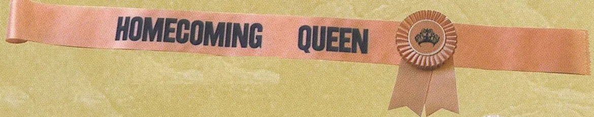 Peach sash printed Homecoming Queen with a matching rosette and streamers